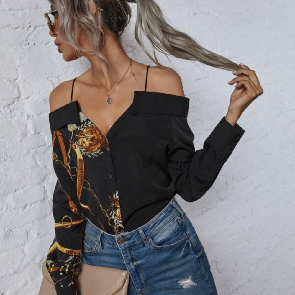 LAST in SIZE - Sexy cold should Button Down Blouse - Picture 1 of 6